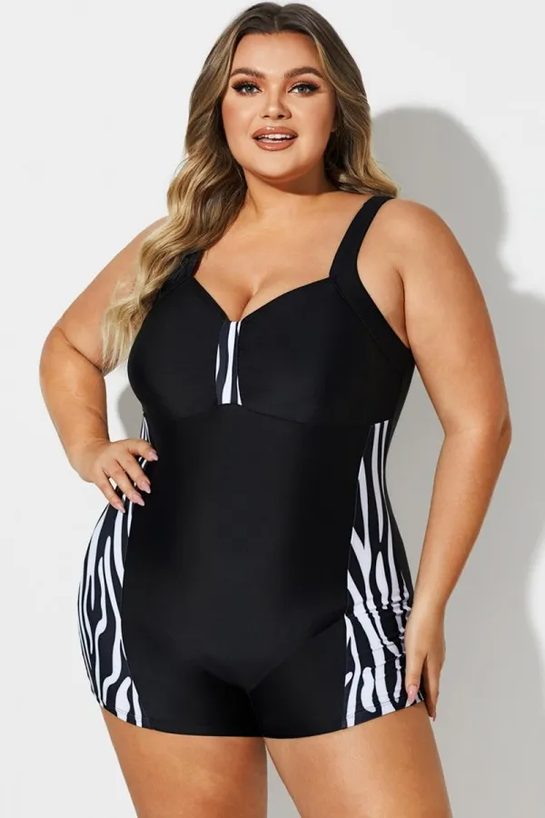 Black & White V-Neck Shorty Sports One Piece Swimsuit