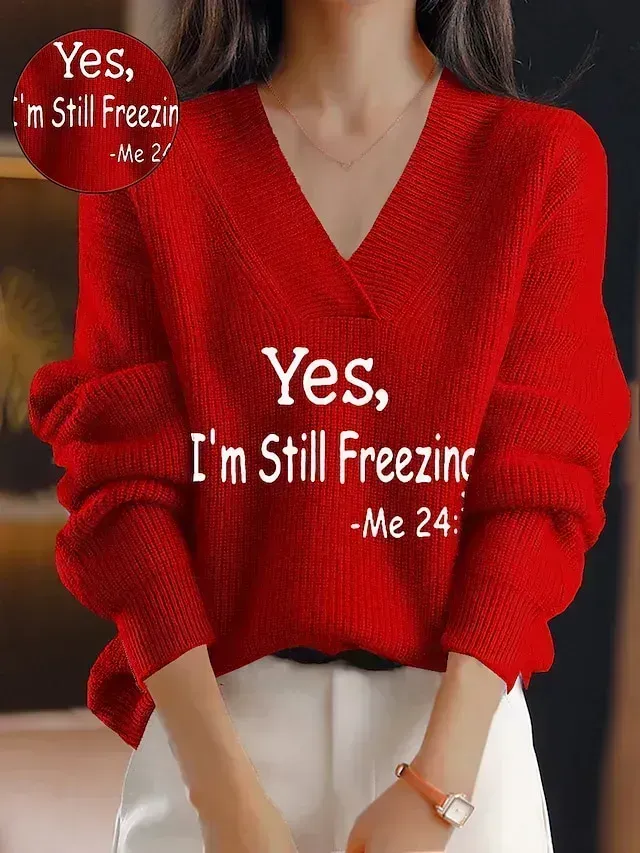 Women‘s Christmas Pullover Sweater Jumper Casual Sweater V Neck Ribbed Knit Polyester Knitted Print Fall Winter Regular Outdoor Xmas Going out Daily Stylish Long Sleeve Letter White Wine Khaki S M L