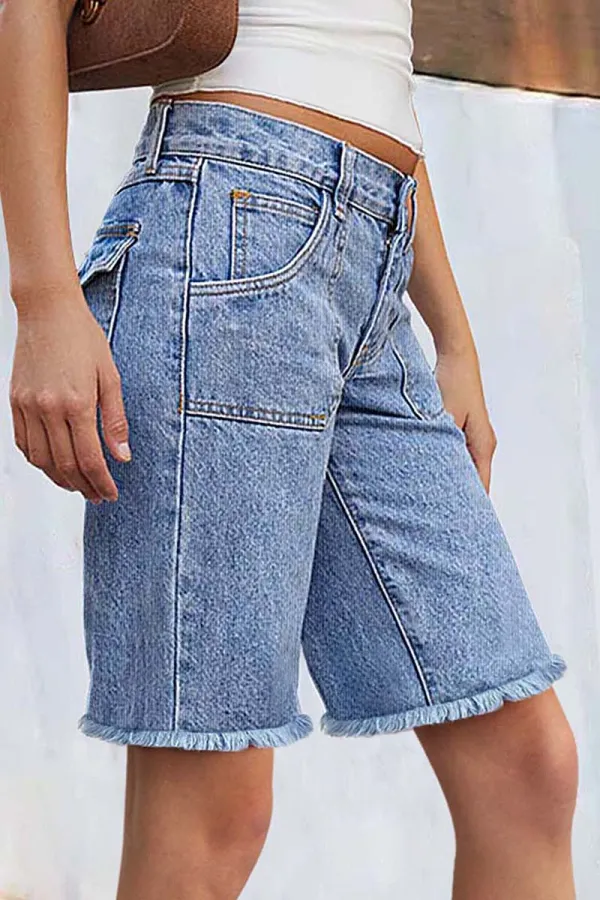Wash Raw Hem Flap Pocket Mid Rise Straight Leg Denim Bermuda Shorts