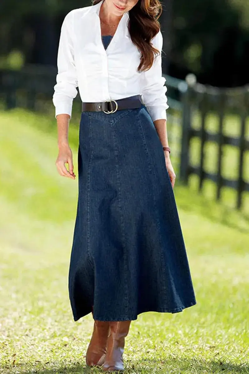 Wash Stitch Detail High Rise Long Denim Skirt Without Belt