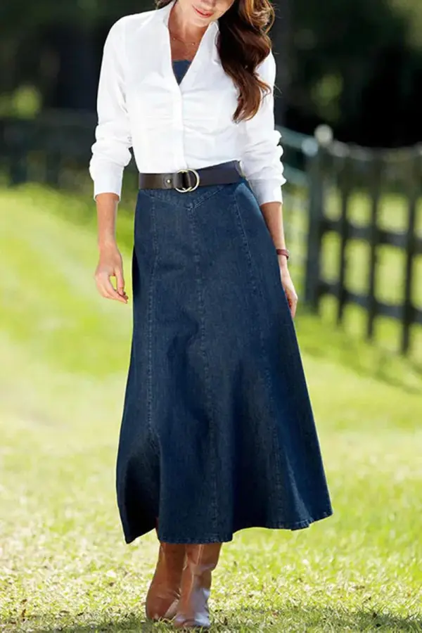 Wash Stitch Detail High Rise Long Denim Skirt Without Belt