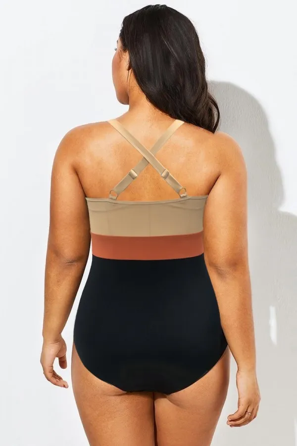 Colorblock Contrast Twist Front Skinny One Piece Swimsuit