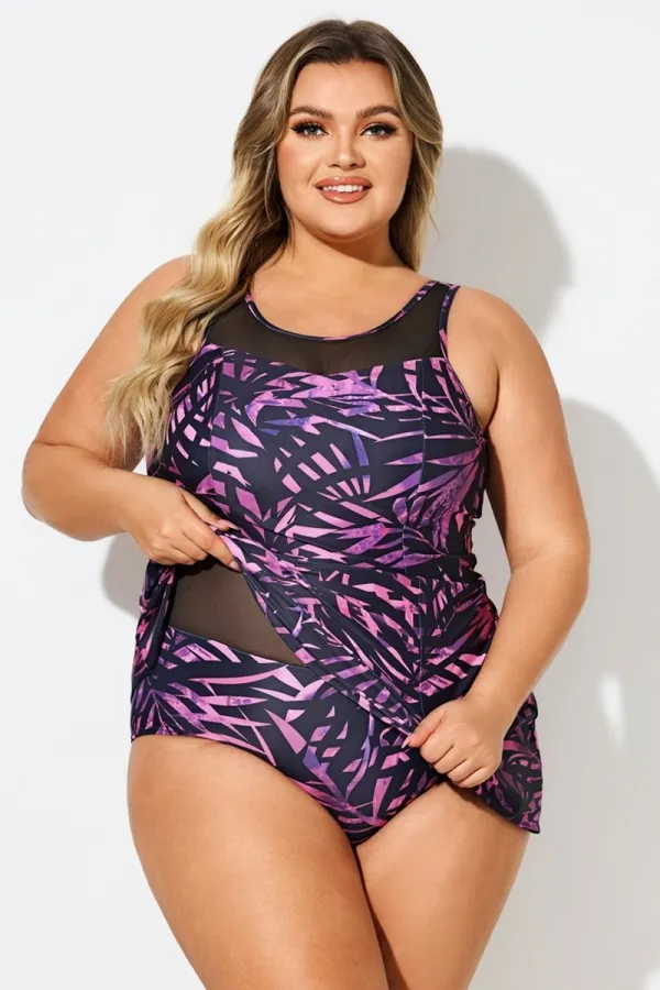 Multi Abstract Print Mesh High Neck Swimdress