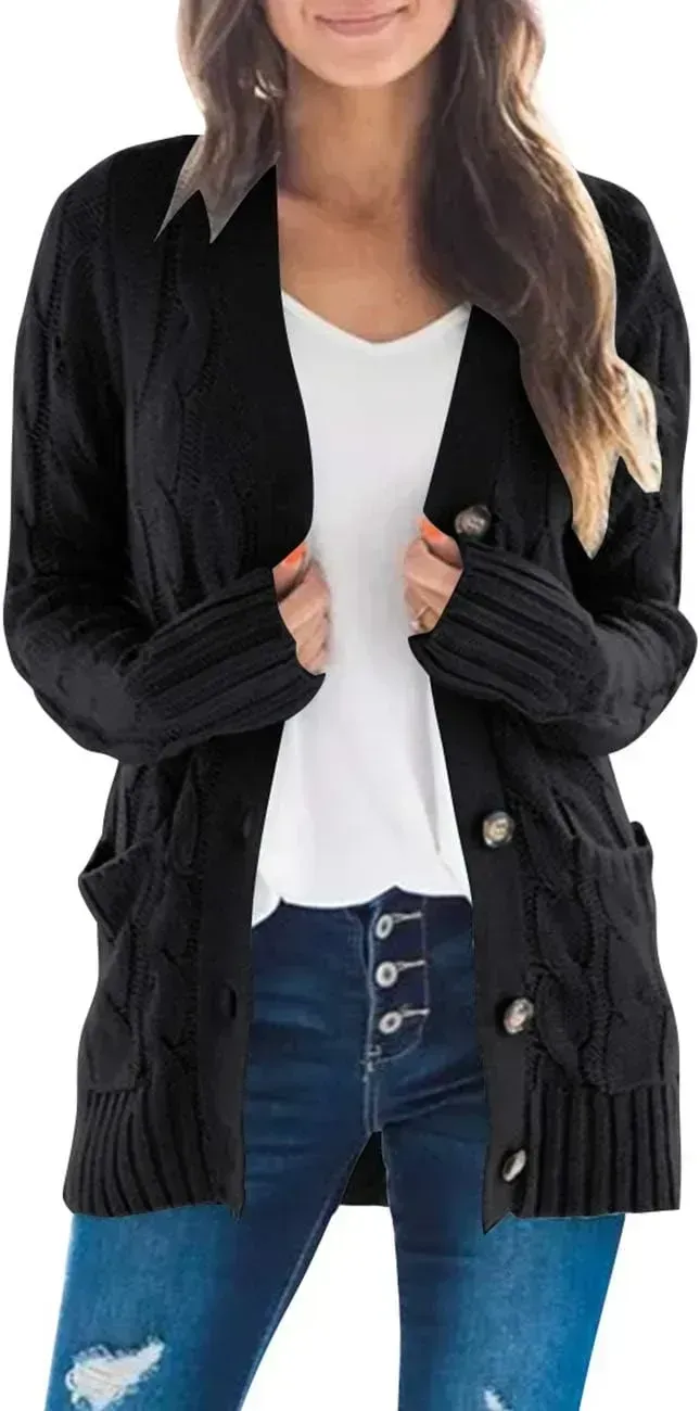 MEROKEETY Women's 2024 Fall Long Sleeve Cable Knit Sweater Open Front Cardigan Button Loose Outerwear