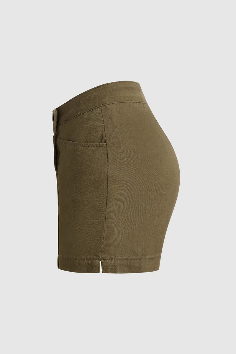 Solid Double Breasted Split Hem High Waist Denim Shorts