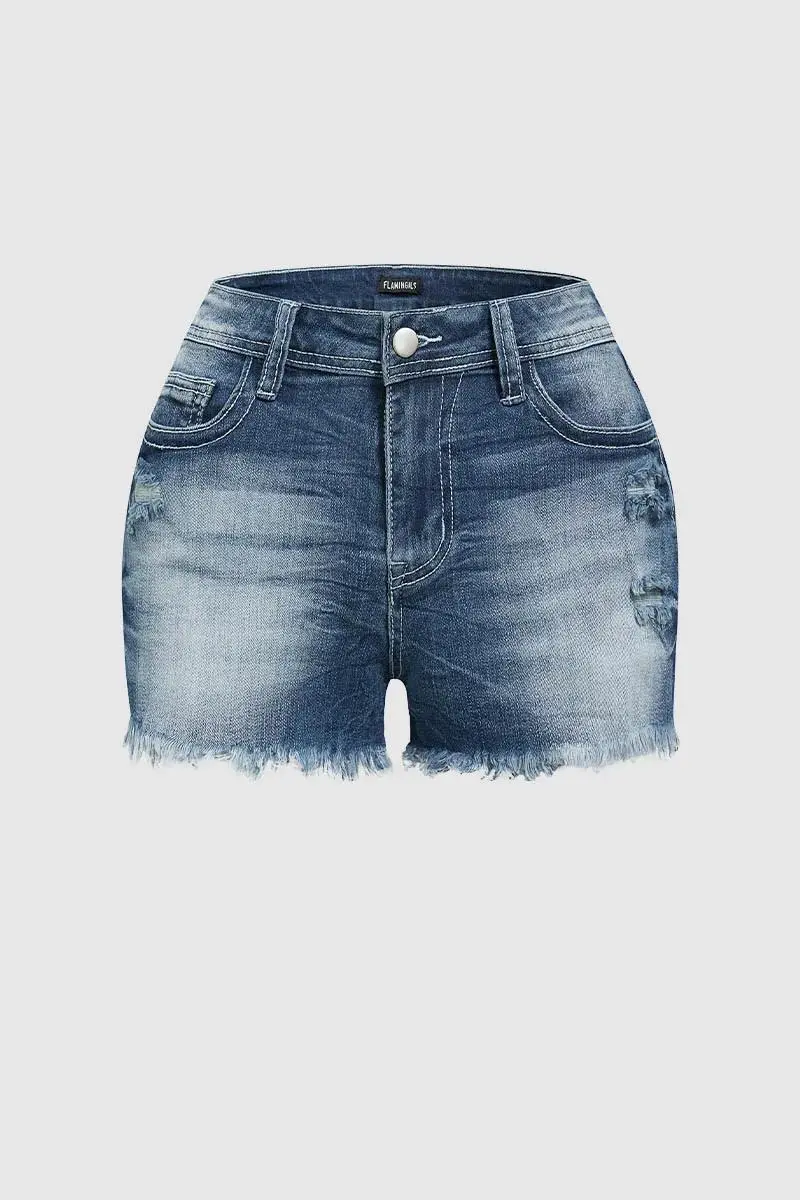Star Embroidered Raw Hem Mid Rise Denim Shorts