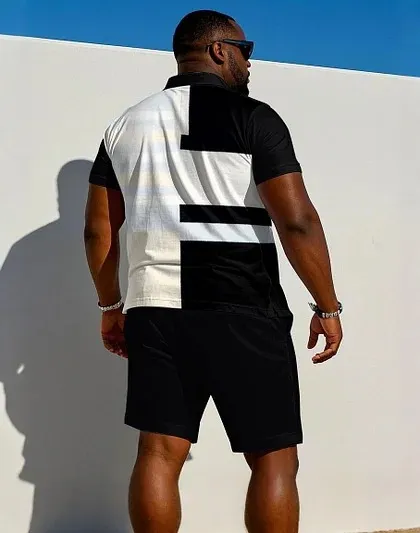 POLO Classic Color Patchwork Casual Short-Sleeved POLO Shorts Suit Men'S Plus Size