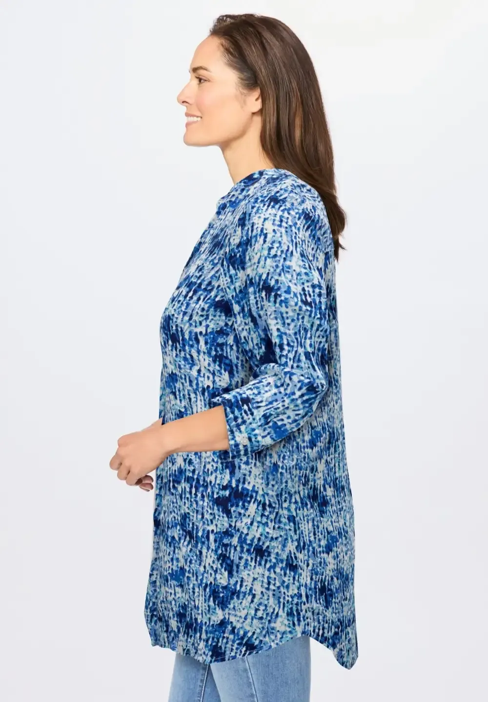 Rayon 7-Day Three-Quarter Sleeve Tab-Front Tunic