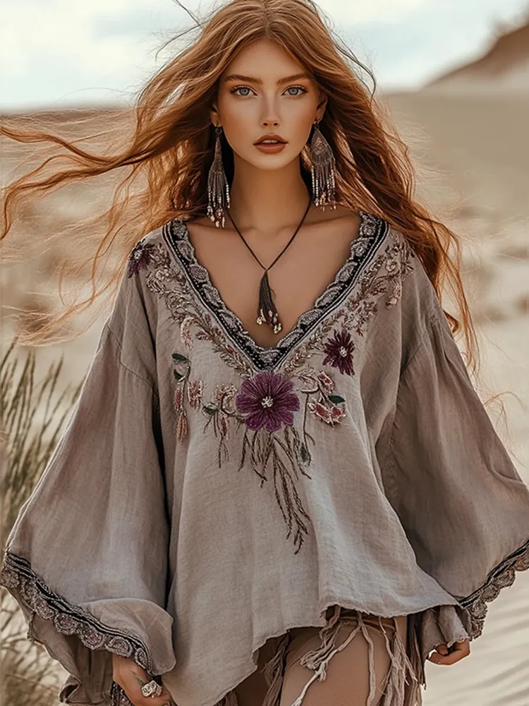 Boho Floral Embroidery Art Cotton And Linen Blend Loose Blouse