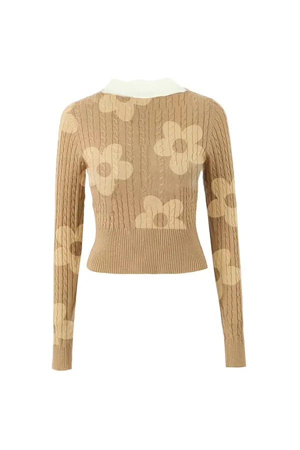 Preppy Contrast Peter Pan Collar Cable Knit Button Up Cropped Cardigan