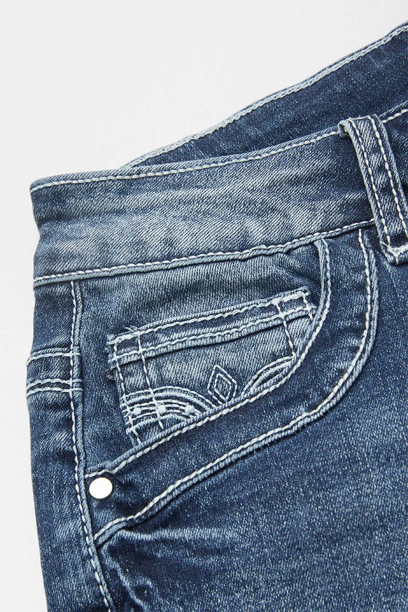 Embroidery Flap Pocket High Rise Denim Mid Thigh Shorts
