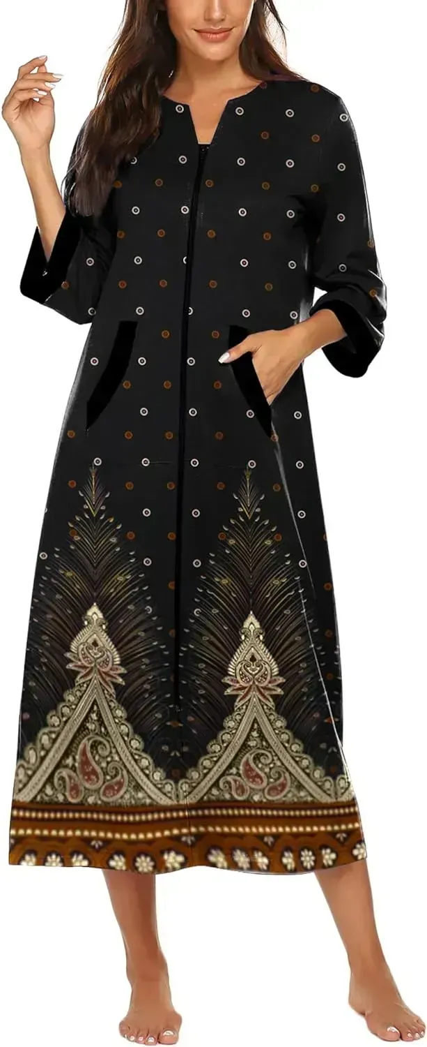 Women Zipper Robe 3/4 Sleeves Loungewear Dress Full Length Sleepwear Pockets Housecoat Nightgown Long Bathrobe