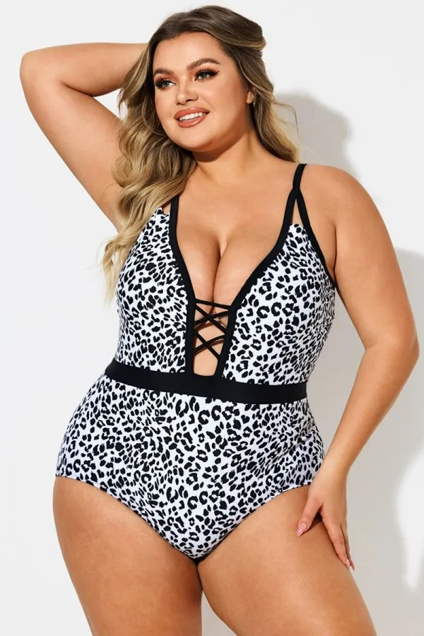 Leopard Print Deep V-Neck One Piece Swimsuit