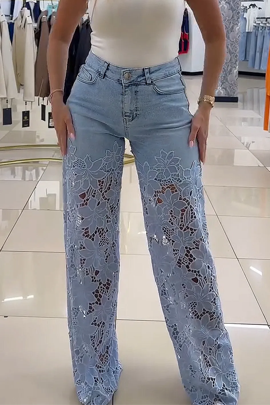 Women'S Fashion Lace Hollow Stitching Jeans