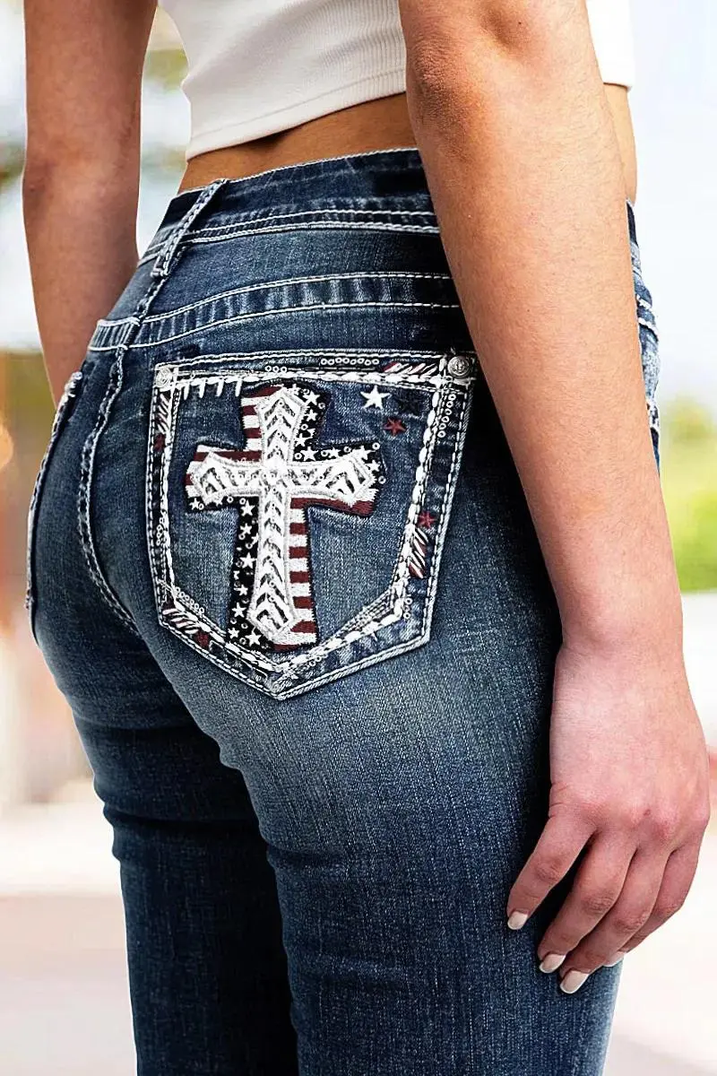 Cross Embroidered Wash High Stretch Mid Rise Capri Jeans