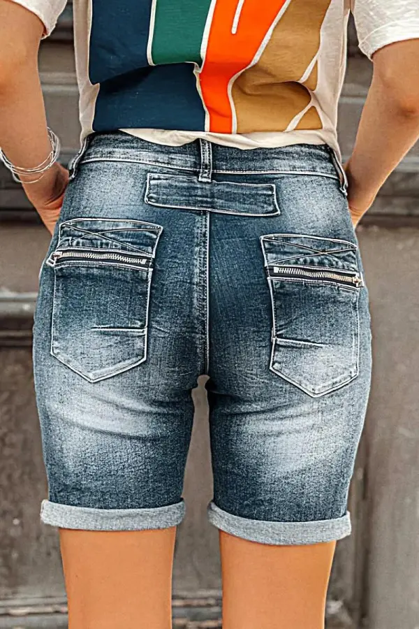 Roll Hem Button Up Mid Rise Denim Mid Thigh Shorts