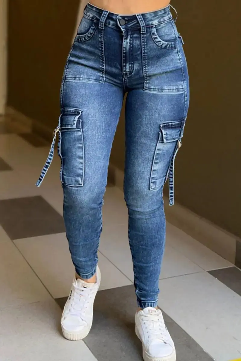 Buckle Strap Flap Pocket Side High Waist Skinny Cargo Jeans