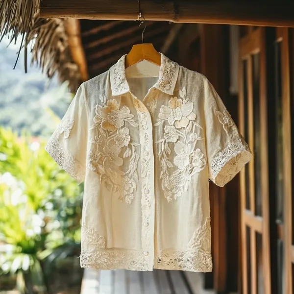 Women's Retro Floral Lace Embroidery Art Shirt