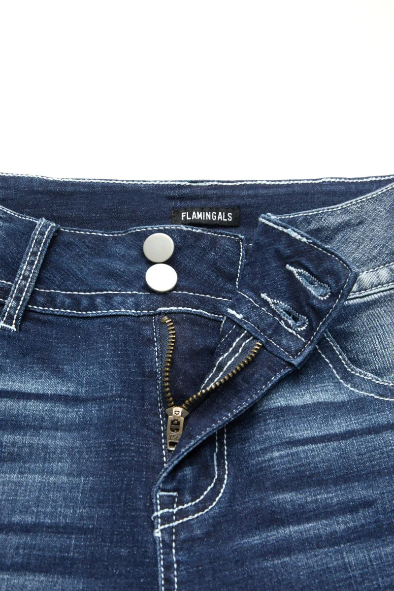 Washed Embroidery Pocket Button Up Mid Rise Skinny Jeans