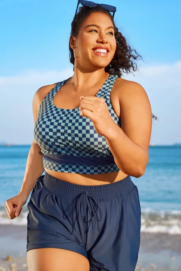 Blue Check Round Neck Patchwork Bikini Top