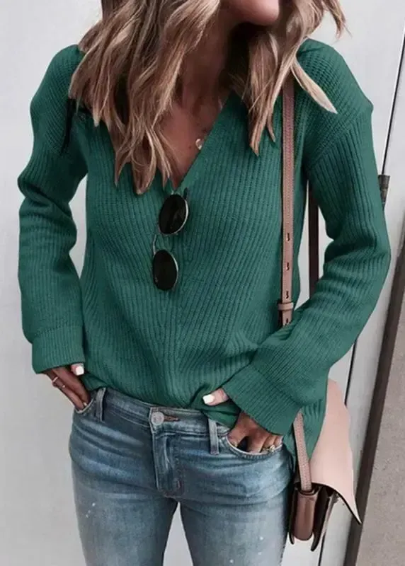 V-neck Solid Long Sleeve Sweater