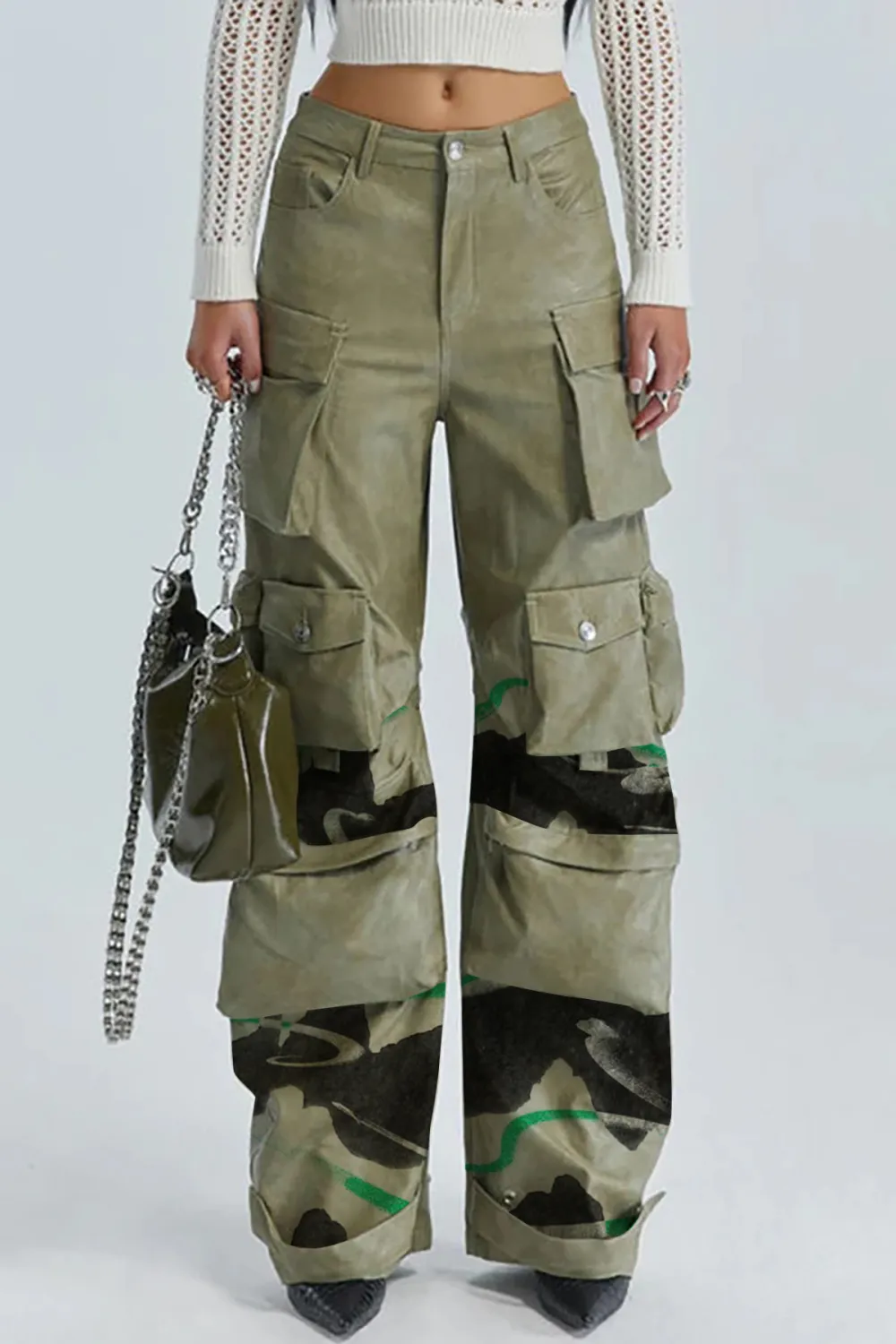 Glossy Mid Rise Wide Leg Cargo Pocket Full Length Draped Leather Pants