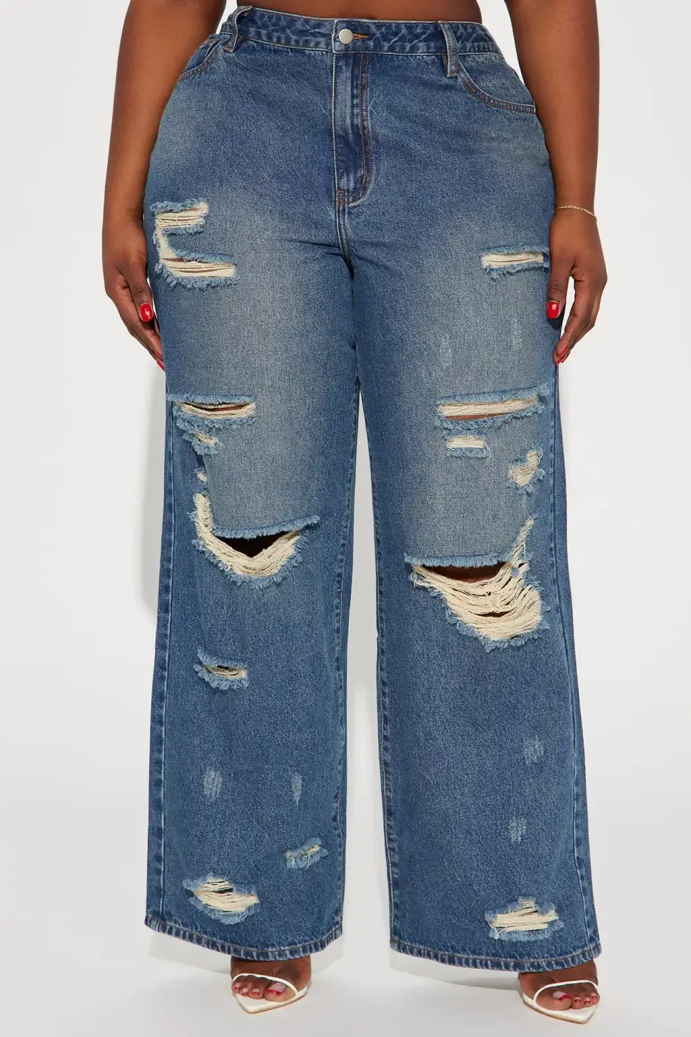 No Regrets Ripped Baggy Wide Leg Jean - Medium Wash