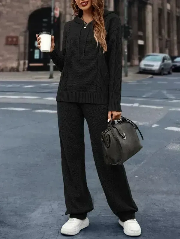 Drop Shoulder Cable Knit Drawstring Hooded Sweater & Knit Pants