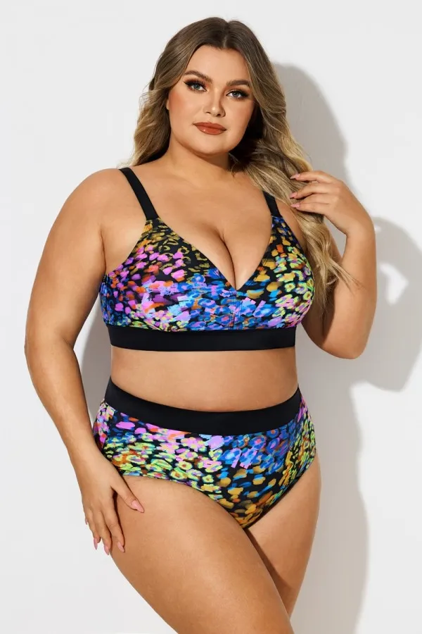 Plus Size V-Neck Neon Leopard Print Bikini Top
