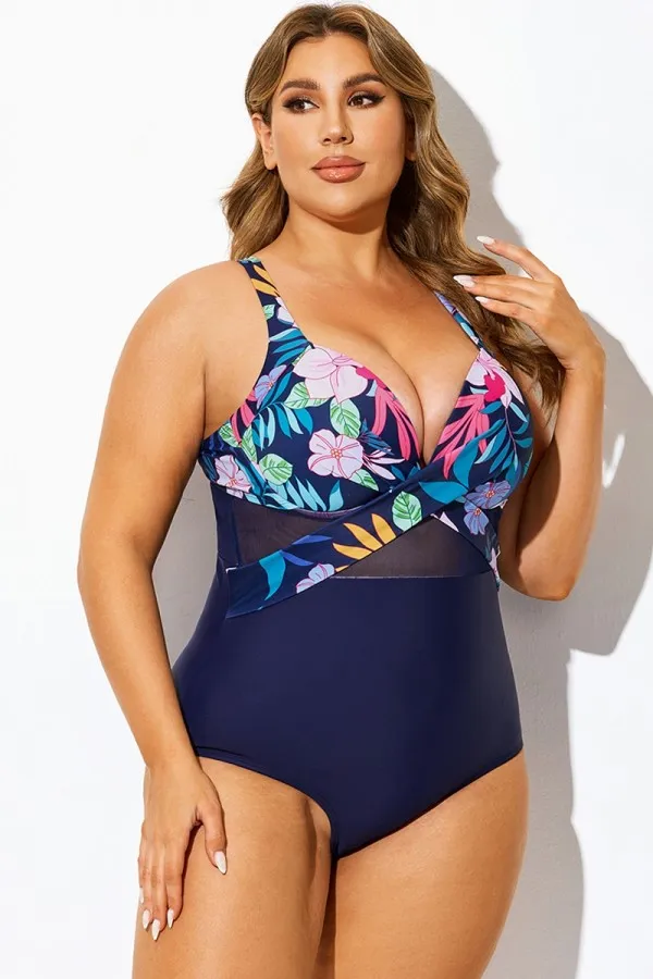 Navy Cut Out Mesh Underwire One Piece Swimsuit