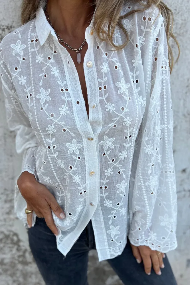 Women's solid color cotton and linen hollow out shirt
