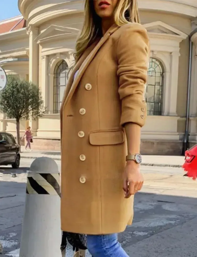 Womens Fall Winter Wool Coats Double Breasted Midi Peacoat Trench Coats