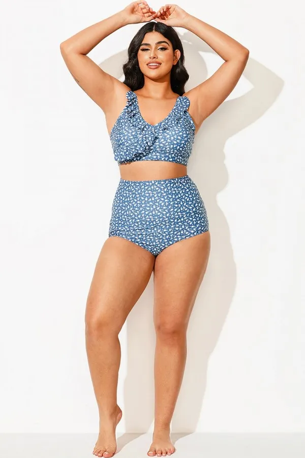 Elegant Blue Floral High Waist Bikini Bottom for Lady