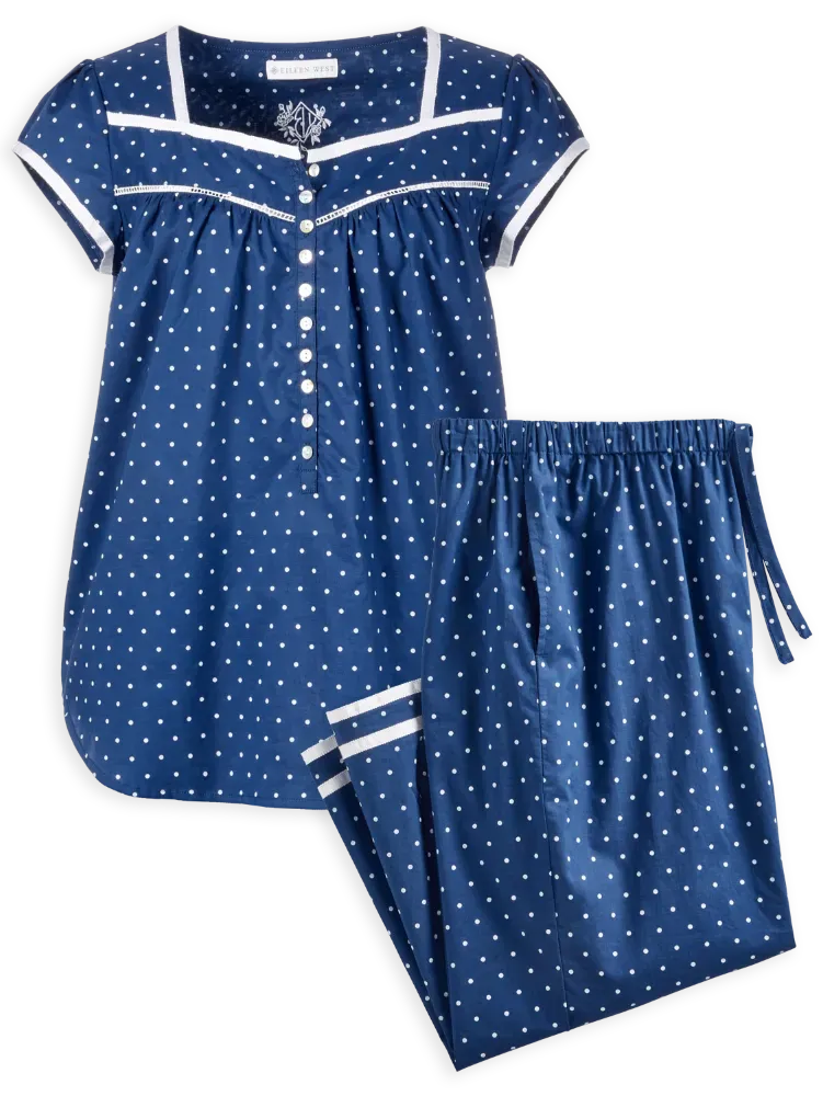 Eileen West Nautical Blue Polka Dot Cotton Capri Pajama Set