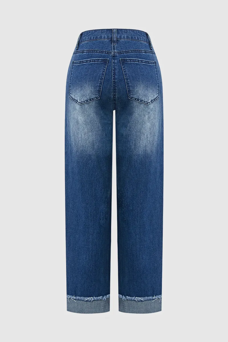 Wash Raw Roll Hem Wrap Mid Waist Straight Leg Jeans