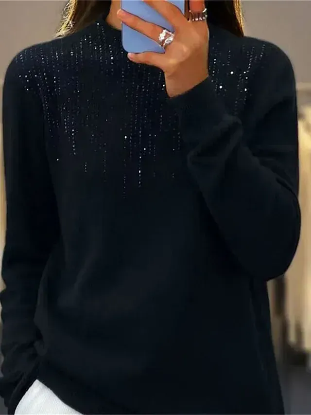 Women‘s Christmas Pullover Sweater Jumper Crew Neck Ribbed Knit Acrylic Sequins Fall Winter Regular Outdoor Daily Going out Xmas Stylish Casual Long Sleeve Solid Color Black White Light Green S M L