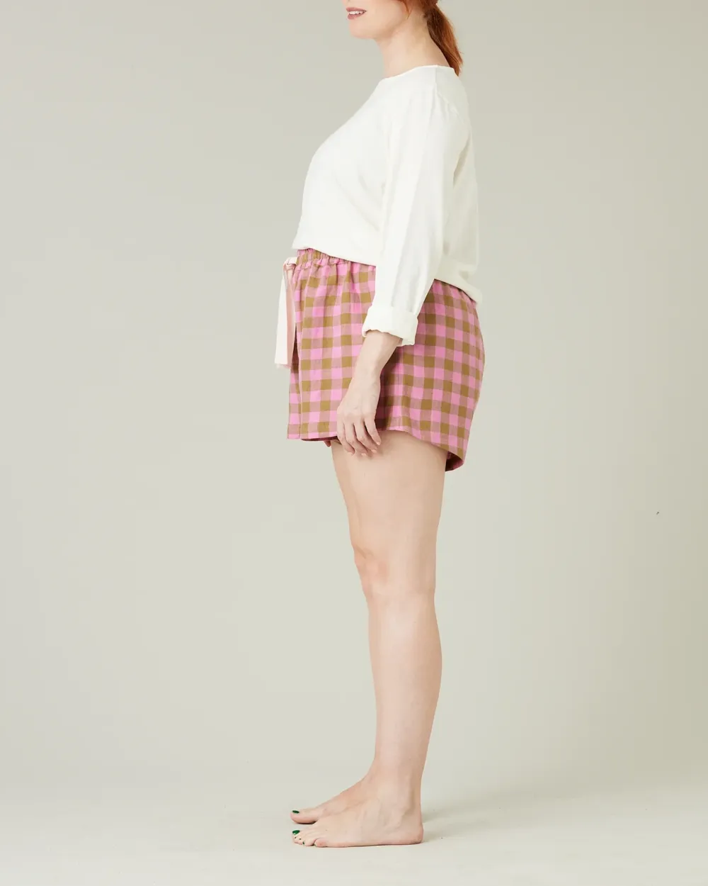 SHORTS PINK & OLIVE CHECK LINEN