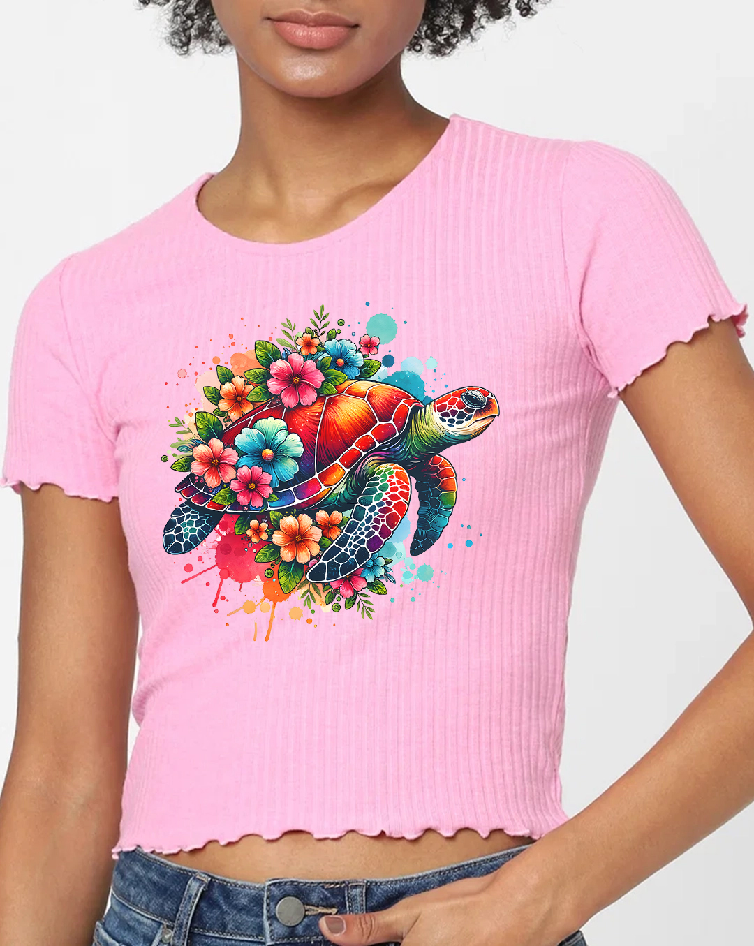 Pink Ribbed Turtle Print Cropped T-Shirt