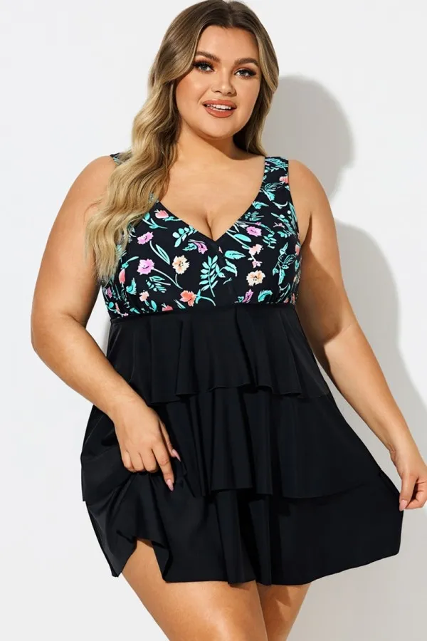 Plus Size Floral Print V-Neck Layered Swimdress