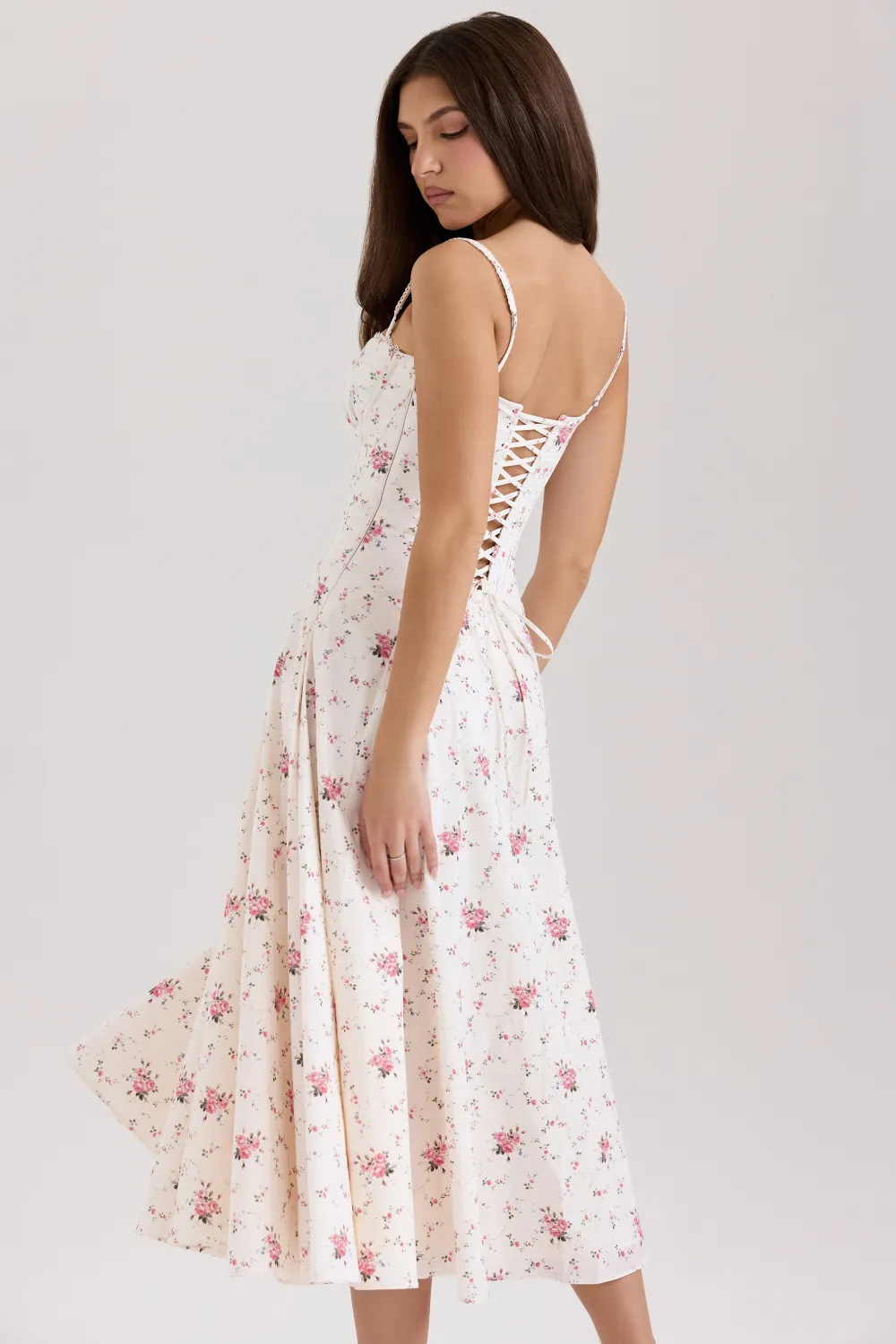 Cream Stretch Cotton Floral Print Midi Sundress