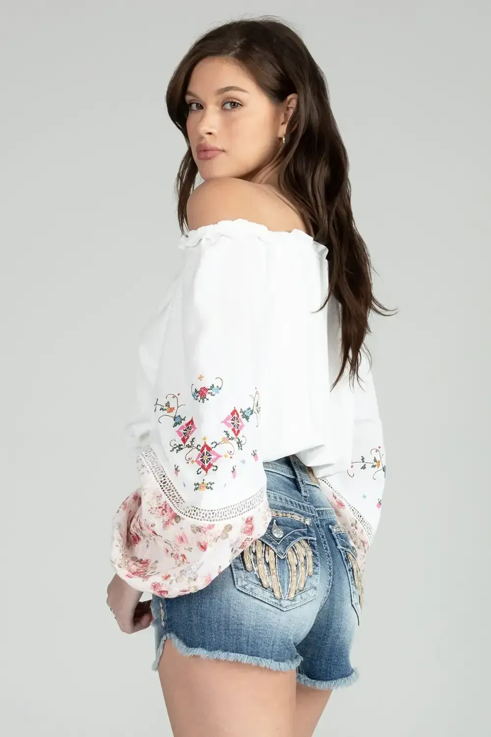 Floral Puff Long Sleeve Embroidered Top