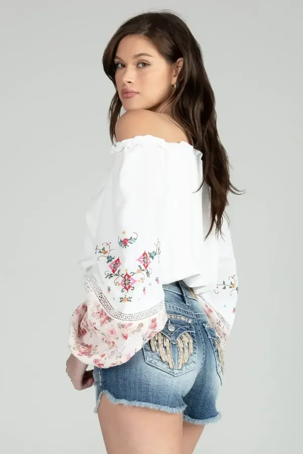 Floral Puff Long Sleeve Embroidered Top