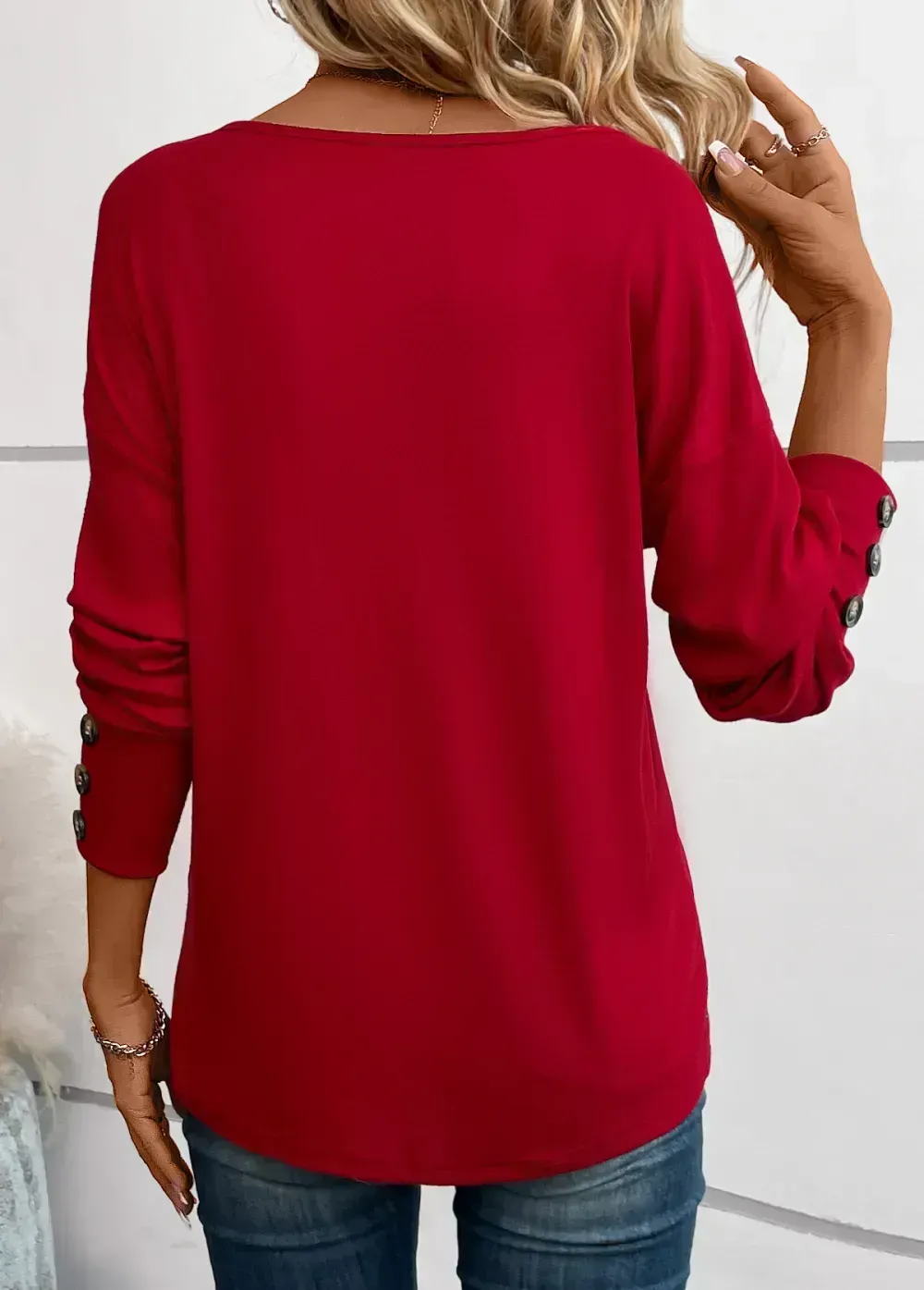Wine Red Button Long Sleeve V Neck T Shirt