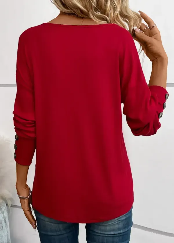 Wine Red Button Long Sleeve V Neck T Shirt