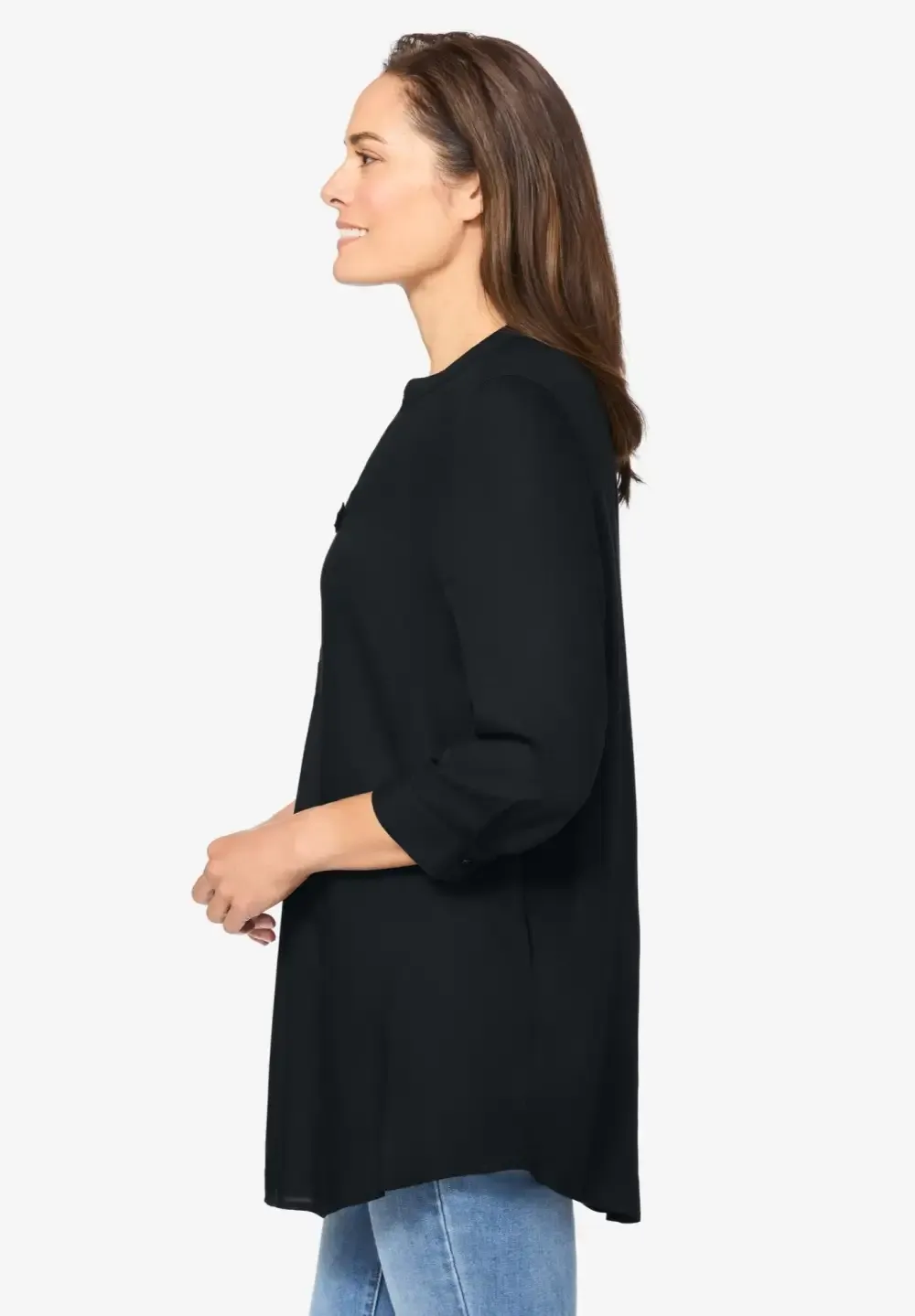 Rayon 7-Day Three-Quarter Sleeve Tab-Front Tunic