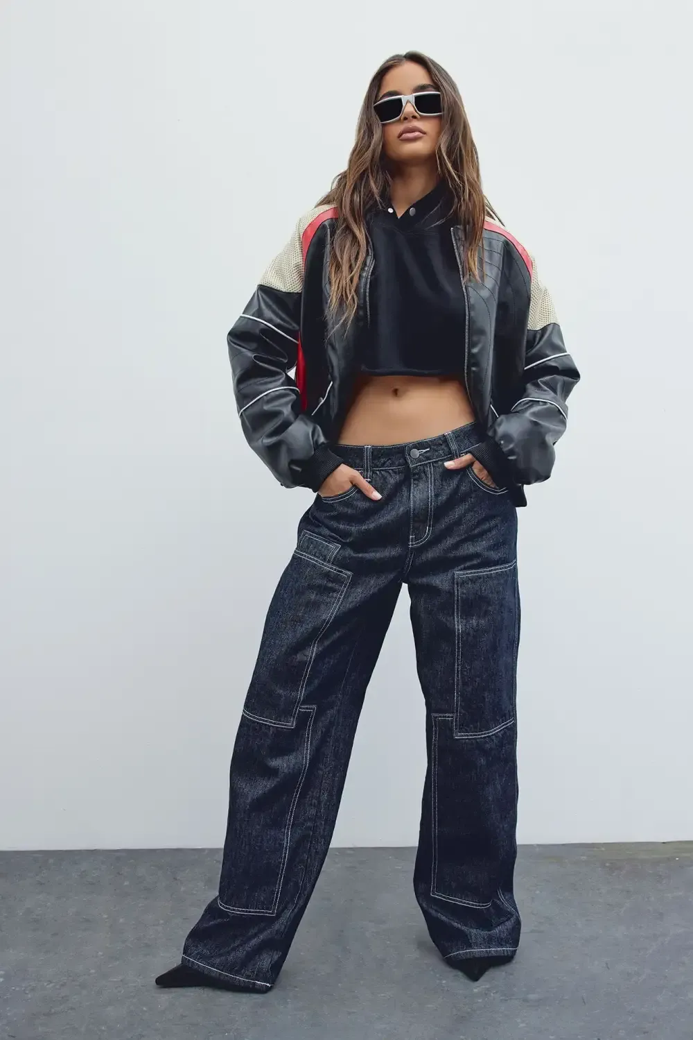 New York Streets Faux Leather Bomber Jacket - Black/combo
