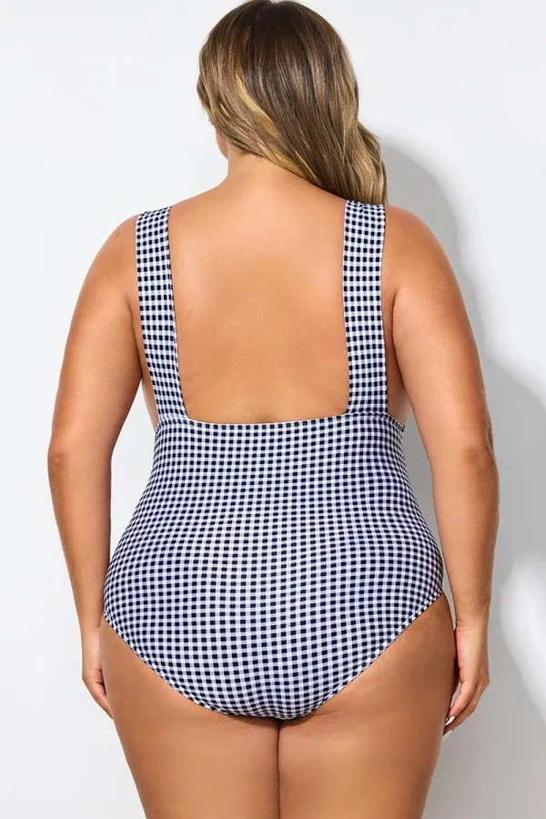 Gingham V-neck Low-cut Leg One Piece Swimsuit