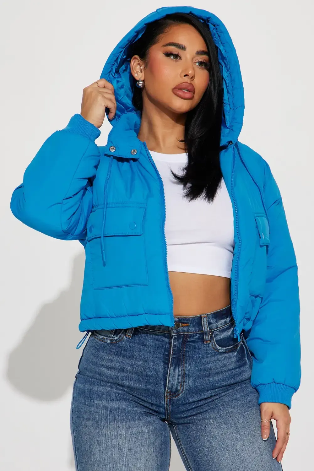 Giving You The Cold Shoulder Puffer Jacket - Aqua