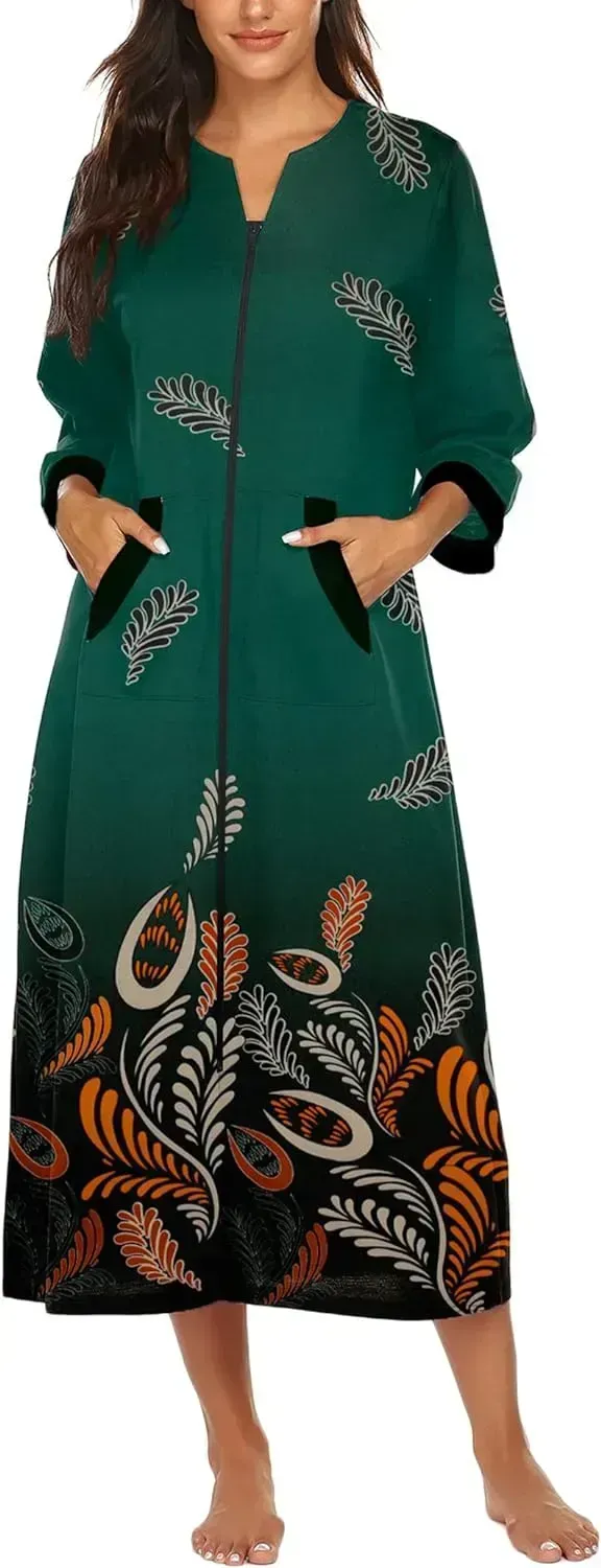 Women Zipper Robe 3/4 Sleeves Loungewear Dress Full Length Sleepwear Pockets Housecoat Nightgown Long Bathrobe