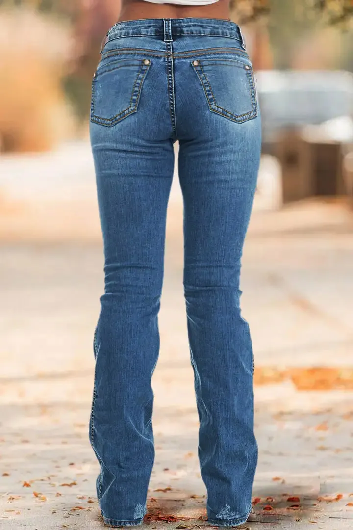 Wash Contrast Stitch Seam Front Low Waist Bootcut Jeans